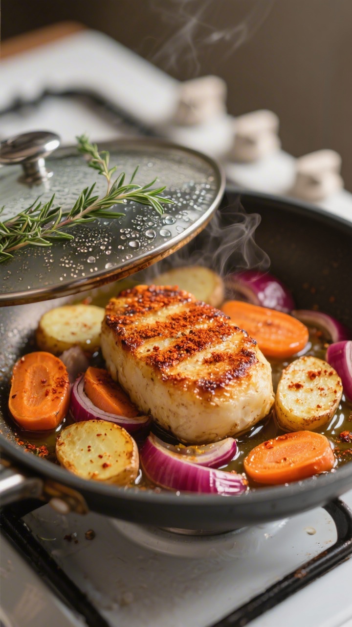 5 cm) browning alongside glistening carrot slices and red onion, a dusting of edelsüß and smoked p