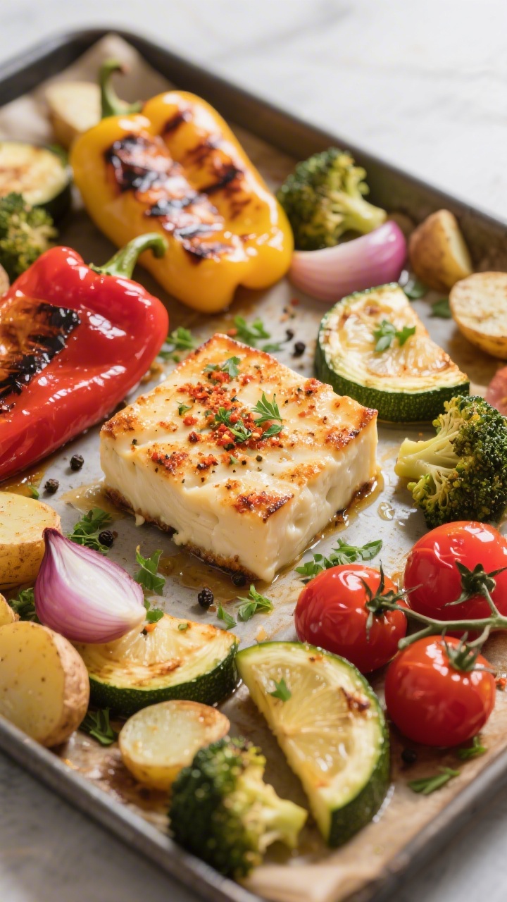 5 cm) nestled on caramelized sheet-pan vegetables—charred-edged Paprika (rot/gelb), glistening Zuc