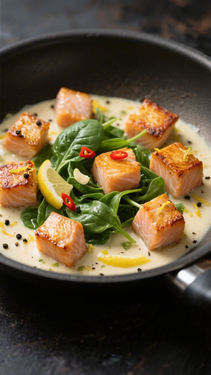 Close-up der angebratenen Lachswürfel in der Pfanne, außen goldene Röstaromen mit leicht karamell