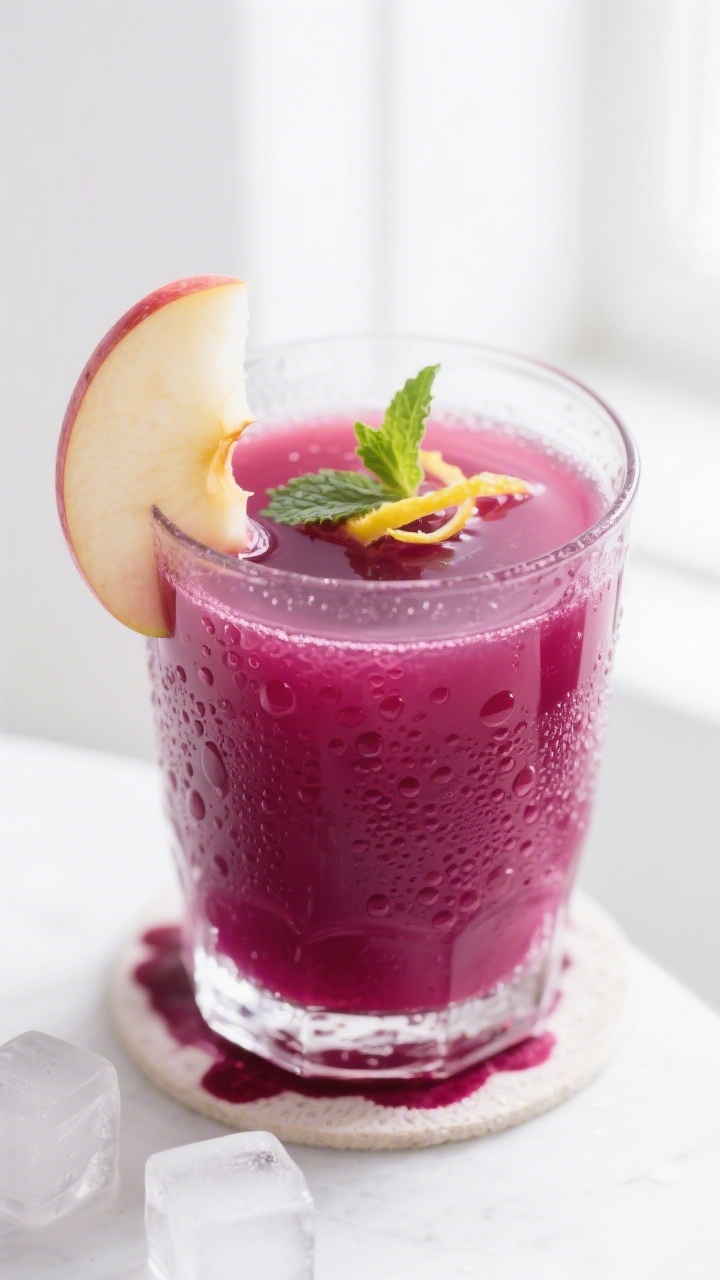 Close-up detail: A chilled glass of deep magenta Rote-Bete-Apfel-Saft with fine condensation on the