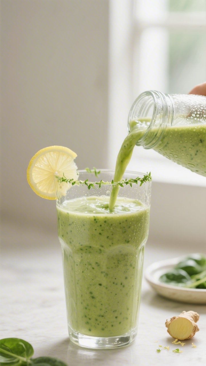 Close-up detail: A freshly blended Avocado-Spinat-Smoothie being poured from a glass blender jar int