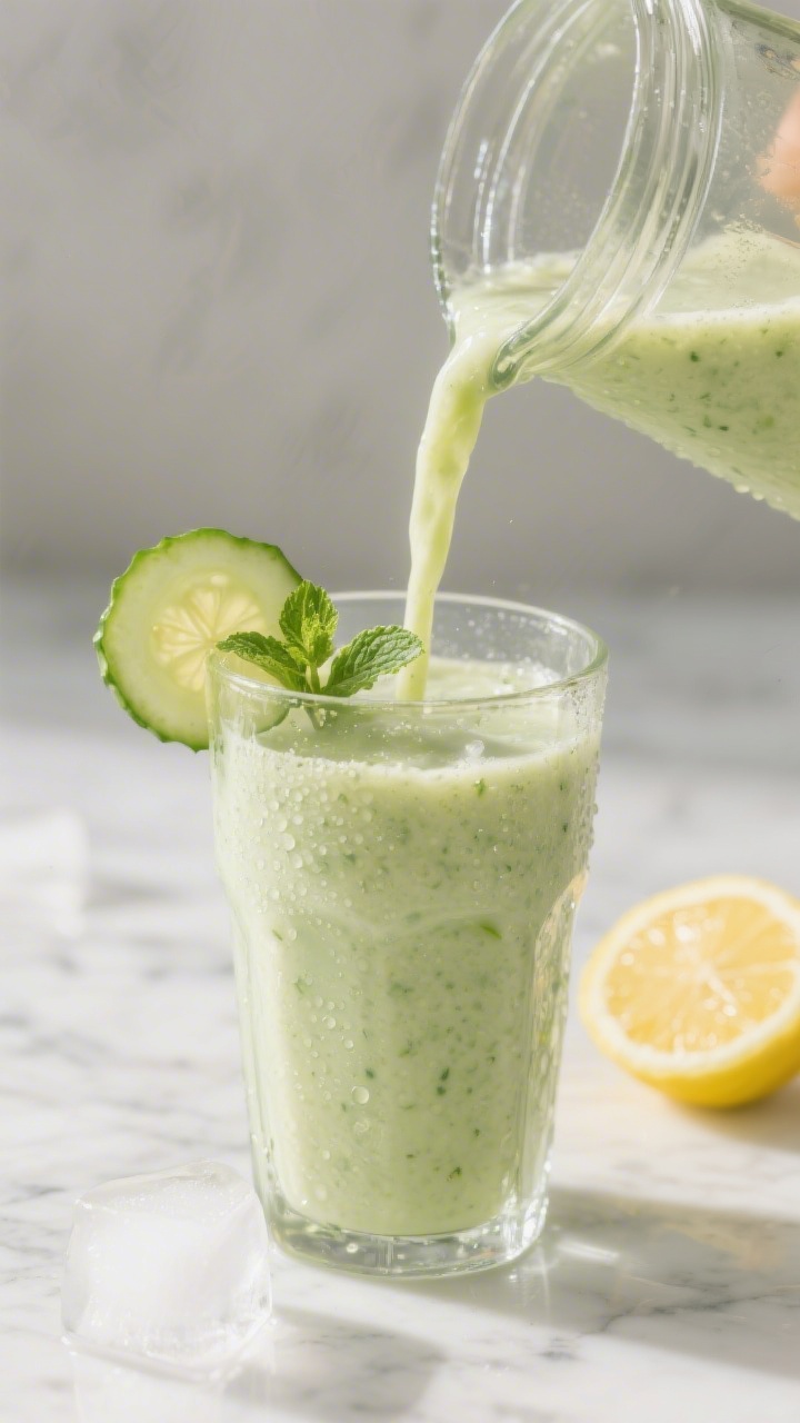 Close-up detail: A freshly blended cucumber detox smoothie being poured from a glass blender jar int