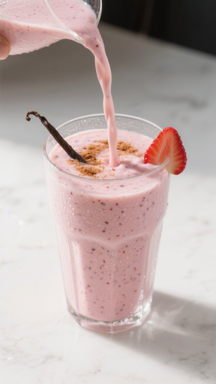 Close-up detail: A freshly blended Erdbeer-Vanille-Smoothie being poured in a silky ribbon into a ta