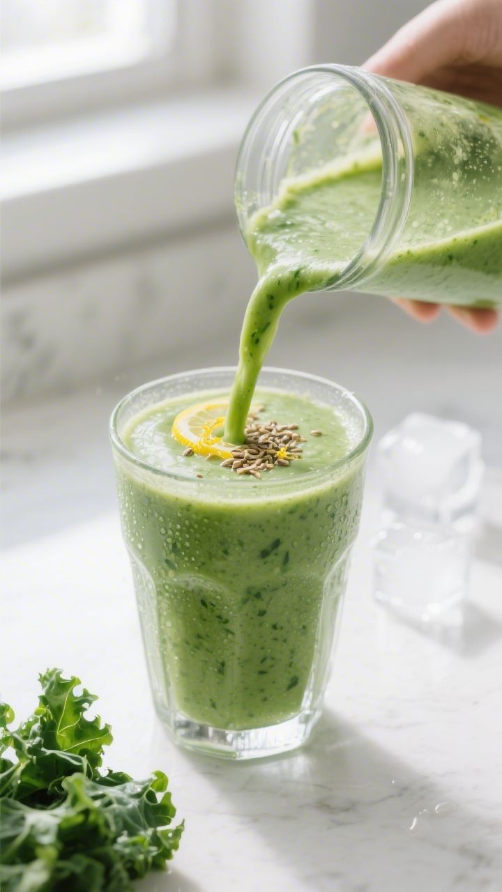 Close-up detail: A freshly blended green kale smoothie being poured from a glass blender jar into a 