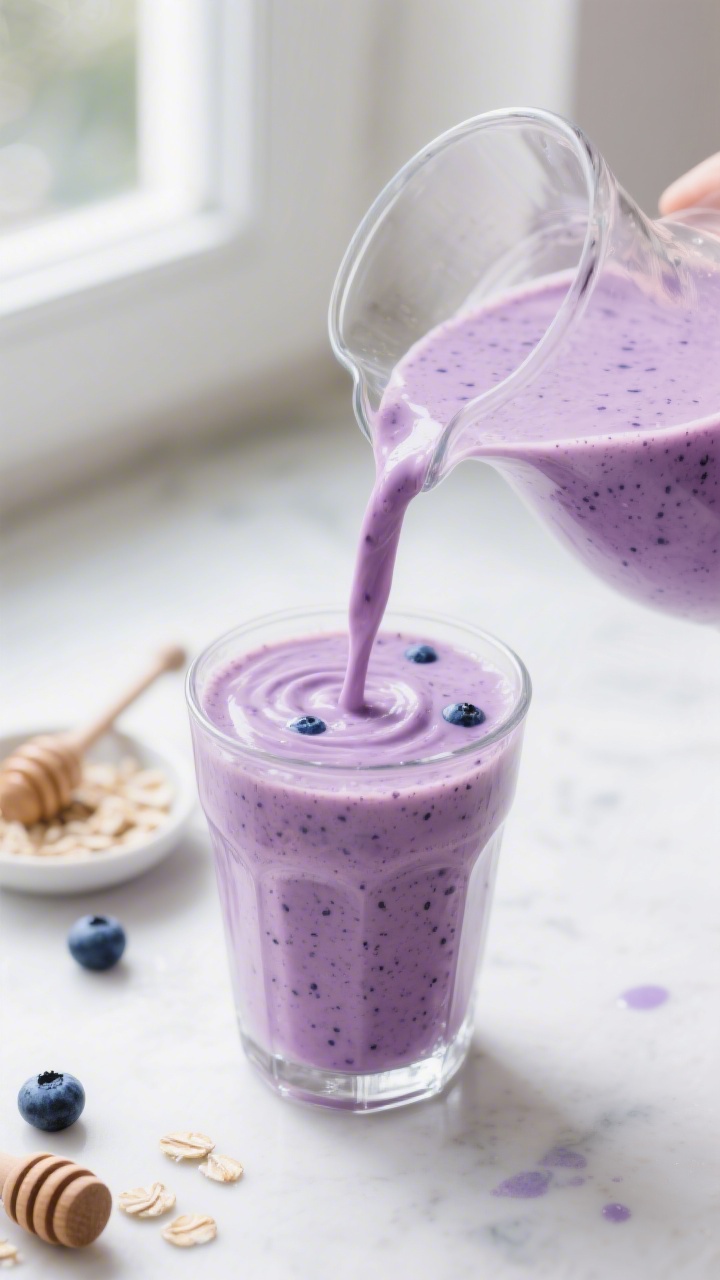 Close-up detail: A freshly blended Heidelbeer Joghurt Smoothie being poured from a glass jug into a 