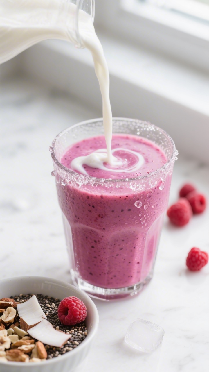 Close-up detail: A freshly blended raspberry smoothie being poured in a silky ribbon into a clear ch