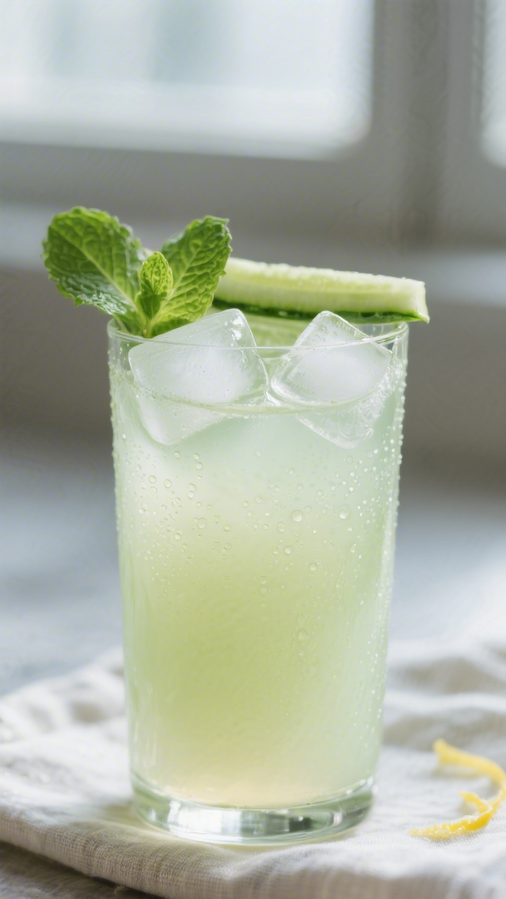 Close-up detail: A tall glass of freshly strained Gurke-Apfel-Saft with tiny condensation beads on t
