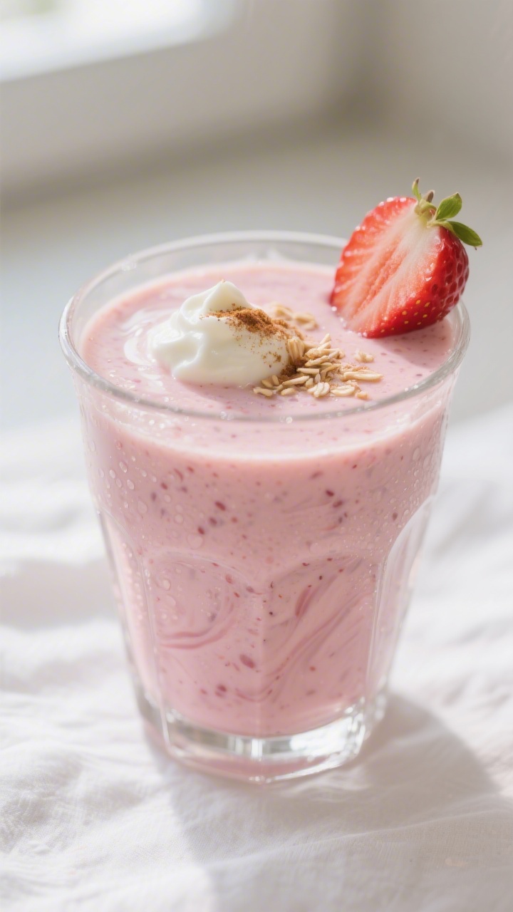 Close-up detail: A thick, creamy Erdbeer-Bananen-Smoothie just poured into a chilled clear glass, ve