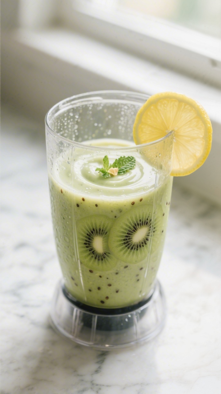 Close-up detail: Creamy kiwi-banana smoothie mid-blend in a clear high-speed blender jar, swirling p