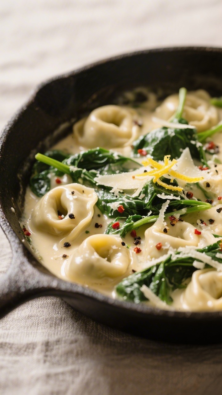 Close-up detail: Creamy spinach-Parmesan tortellini in a skillet just off the heat, glossy sauce cli