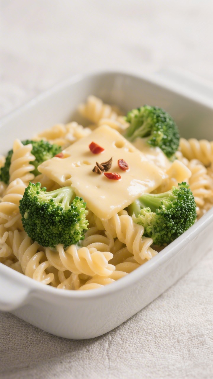 Close-up-Detail: Cremige Käsesoße umhüllt al dente Fusilli und leuchtend grüne, bissfeste Brokko