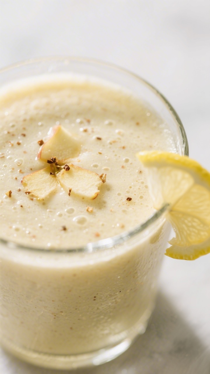 Close-up-Detail: Cremiger Apfel-Ingwer-Smoothie frisch aus dem Mixer, samtige Textur mit feinen Ingw