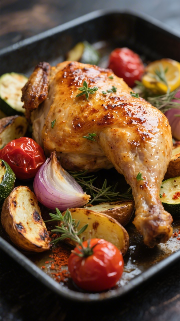 Close-up detail: Crisped Hähnchenoberkeule fresh from the oven with deeply golden, blistered skin a