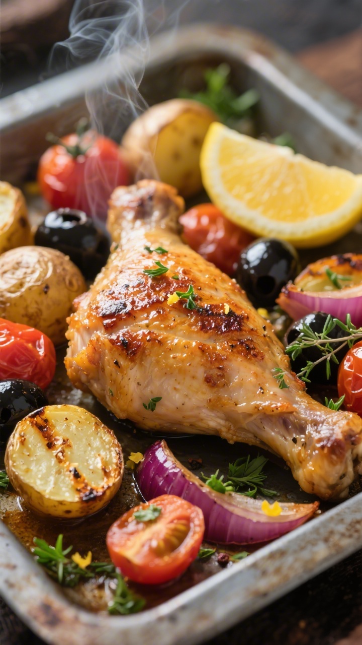Close-up detail: Crispy-skinned Mediterranean chicken thigh just out of the oven nestled among roast