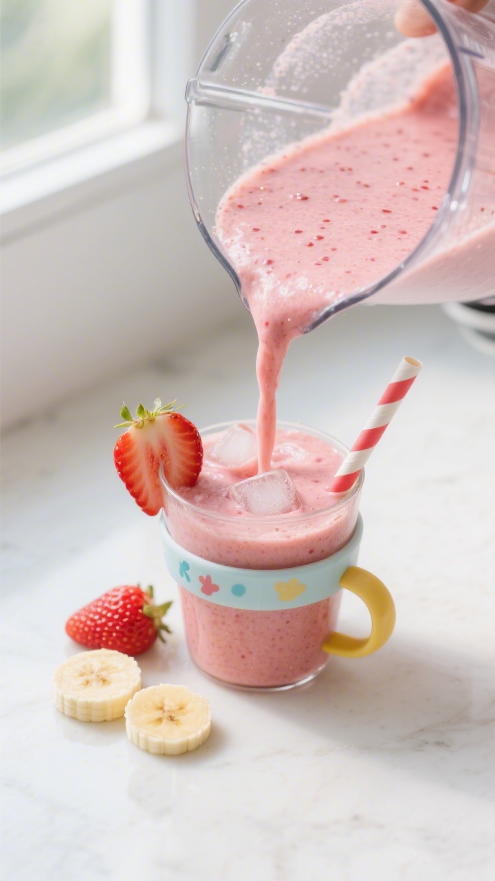 Close-up detail: freshly blended Erdbeer-Bananen-Kinder-Smoothie being poured from a glass blender i