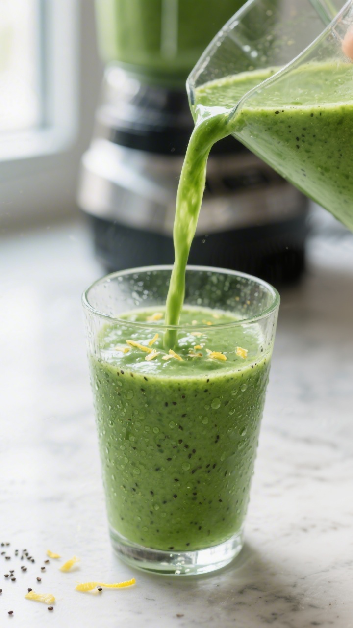 Close-up detail: freshly blended grüner Detox Smoothie mit Spinat being poured in a slow ribbon int