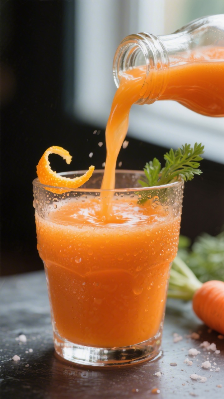 Close-up detail: Freshly prepared orange–carrot juice being poured from a glass bottle into a chil