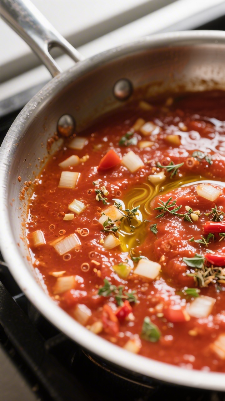 Close-up detail: Glossy, simmering tomato sauce in a shallow stainless-steel pan, showing softened d