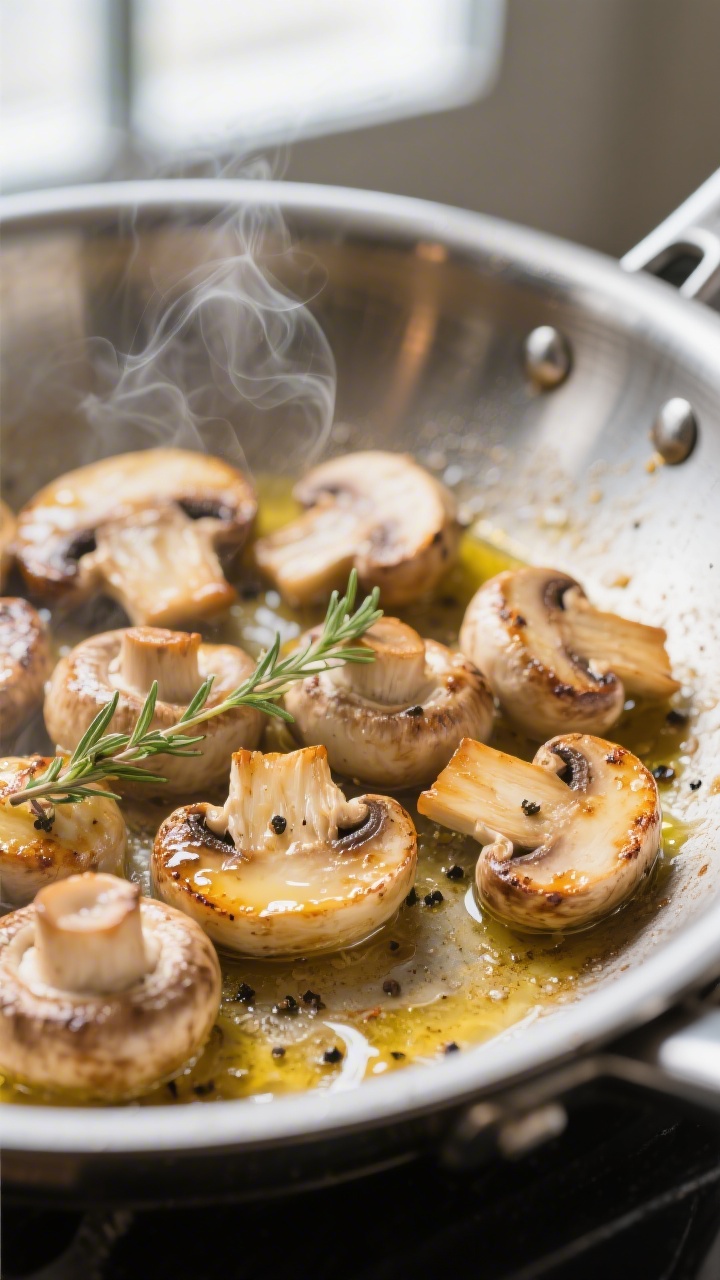 Close-up detail: Golden-browned Champignons sizzling in a wide stainless-steel pan after a hard sear