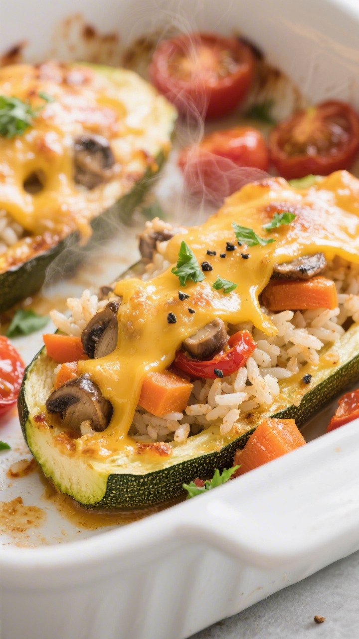 Close-up detail: Golden-bubbly, oven-baked zucchini boats filled with fluffy parboiled rice, sautée