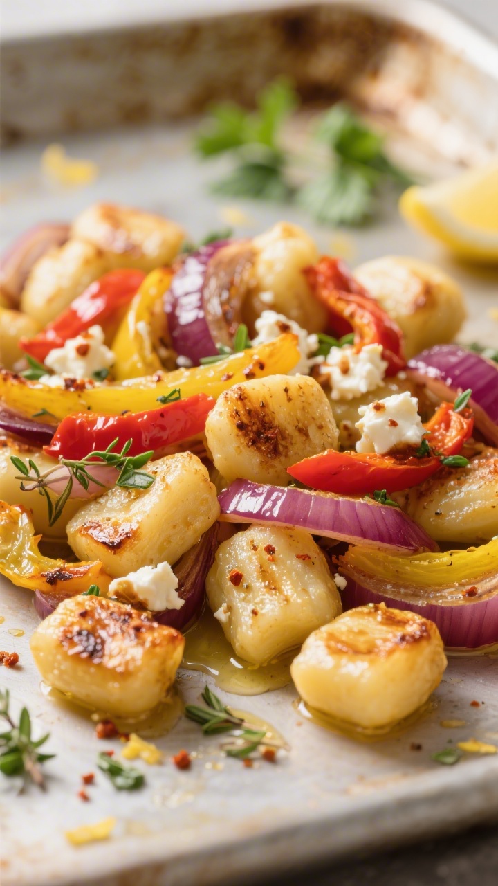 Close-up detail: Golden, oven-roasted gnocchi nestled with blistered red and yellow paprika strips a