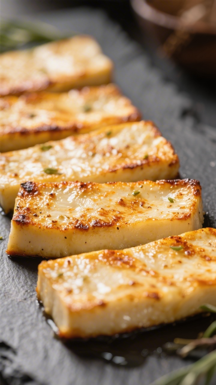 Close-up detail: Golden, oven-roasted Halloumi slices (1–