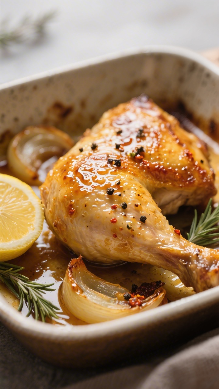 Close-up detail: Golden, oven-roasted Honig-Senf-Hähnchenkeule with bubbly, lacquered glaze and cri