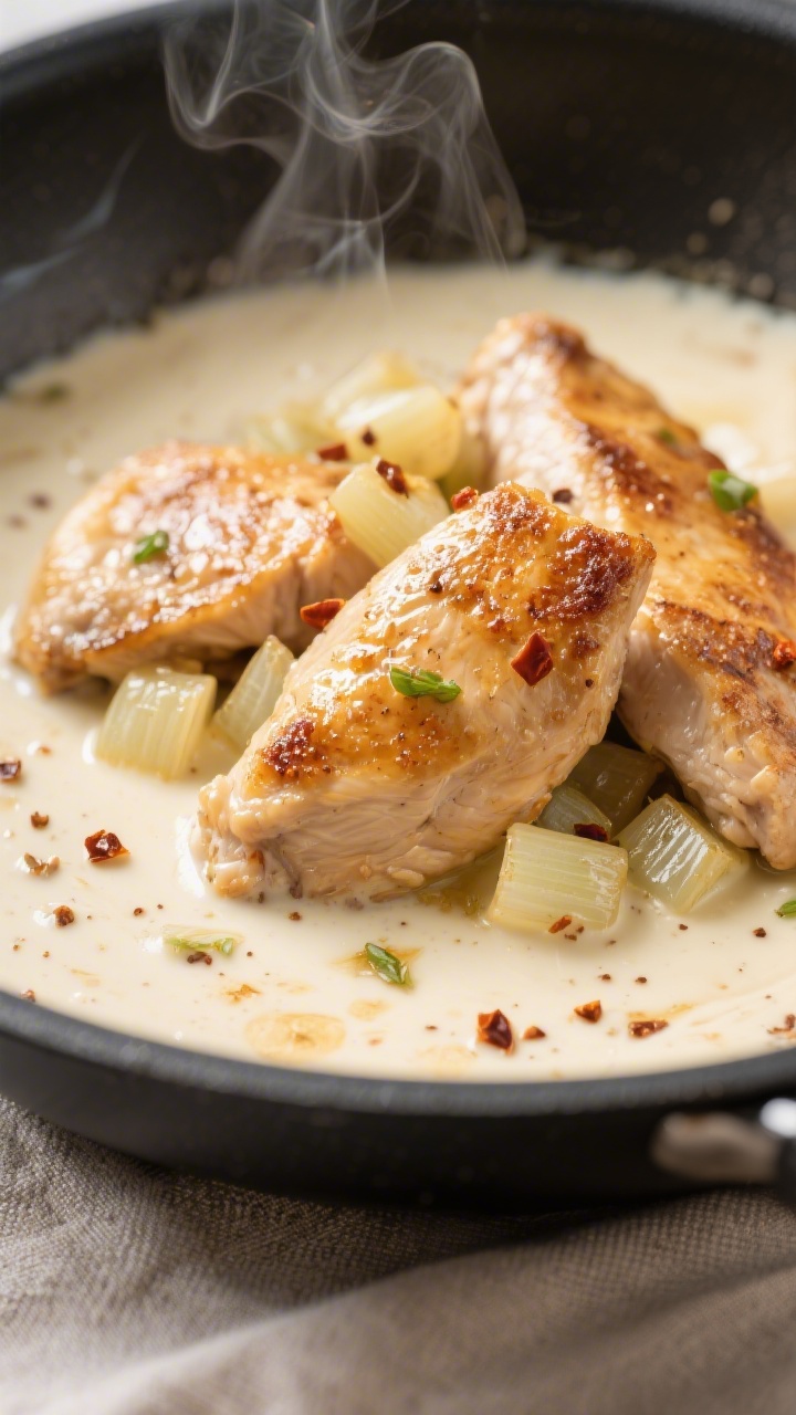 Close-up detail: Golden seared Hähnchenstücke nestled in a silky, lightly thickened Sahnesoße wit