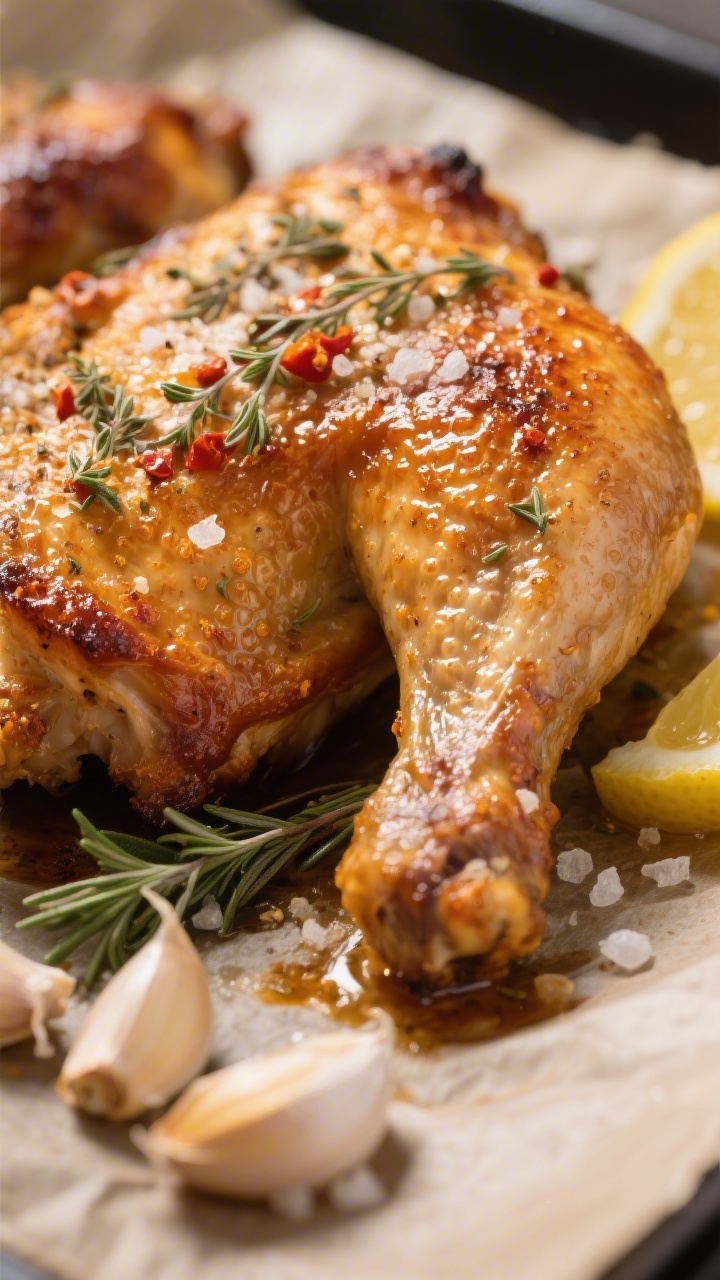 Close-up Detail: Knusprig gebackene Hähnchenschenkel frisch aus dem Ofen, extreme Nahaufnahme der g