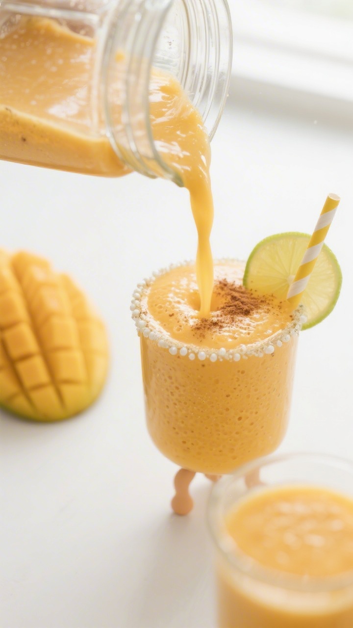 Close-up detail of a freshly blended Mango-Bananen-Smoothie being poured from a glass blender jar in