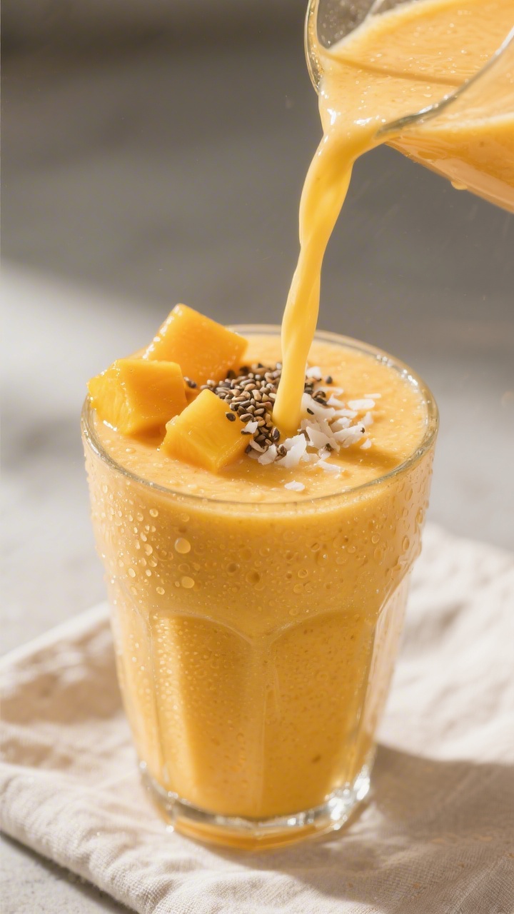 Close-up detail of a freshly blended Mango-Bananen-Smoothie being poured in a thick ribbon into a cl