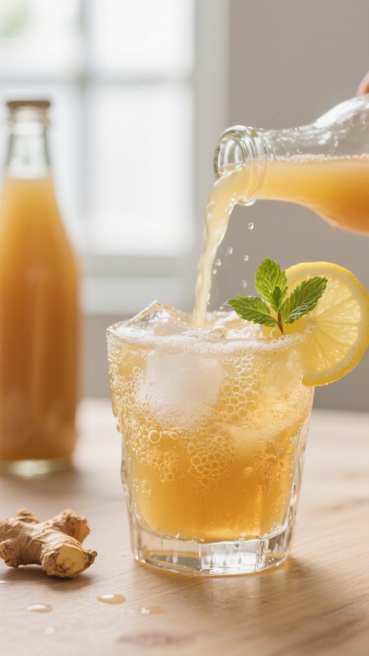 Close-up detail of freshly pressed Apfel-Ingwer-Saft being poured over ice into a clear tumbler, mic