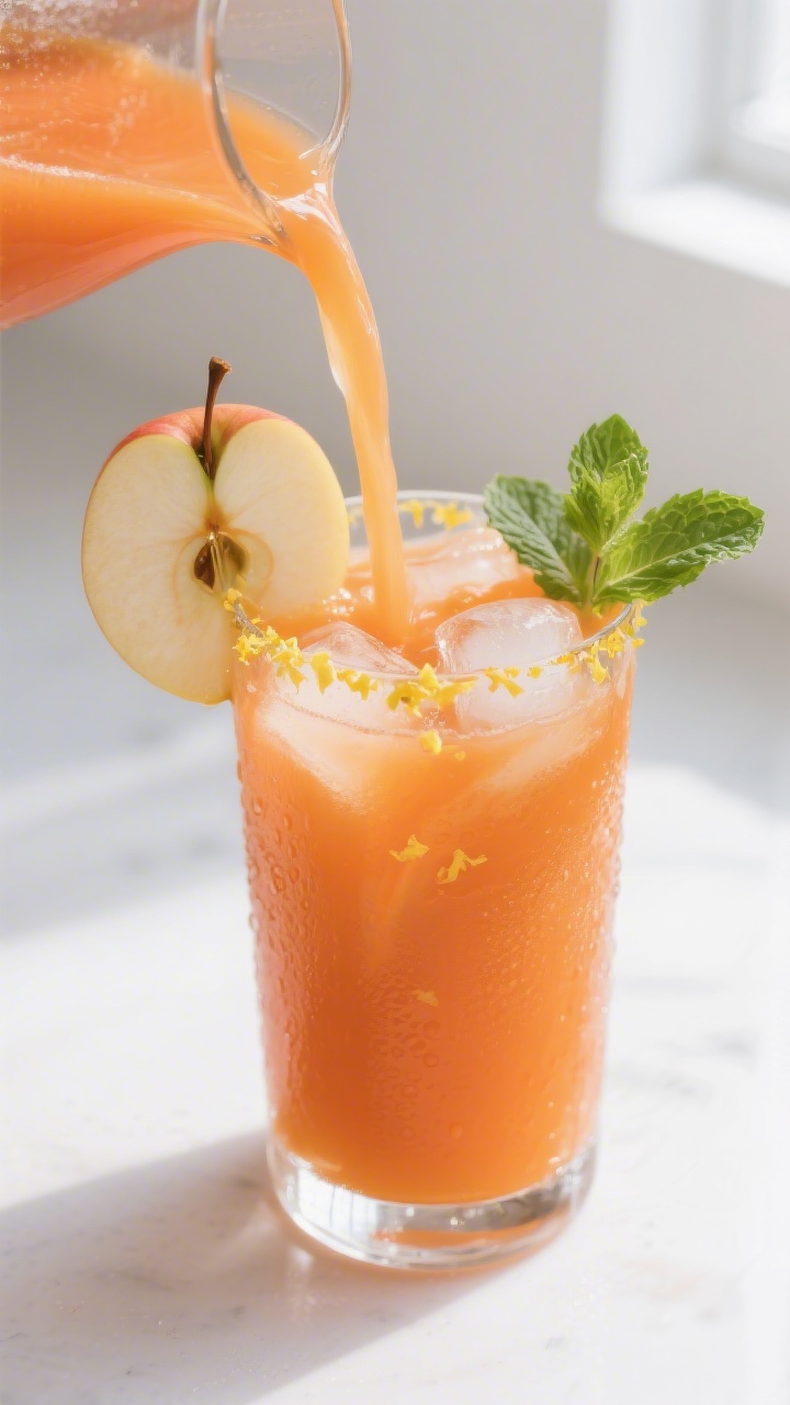 Close-up detail of freshly pressed Apfel-Karotten-Saft being poured over ice into a clear highball g