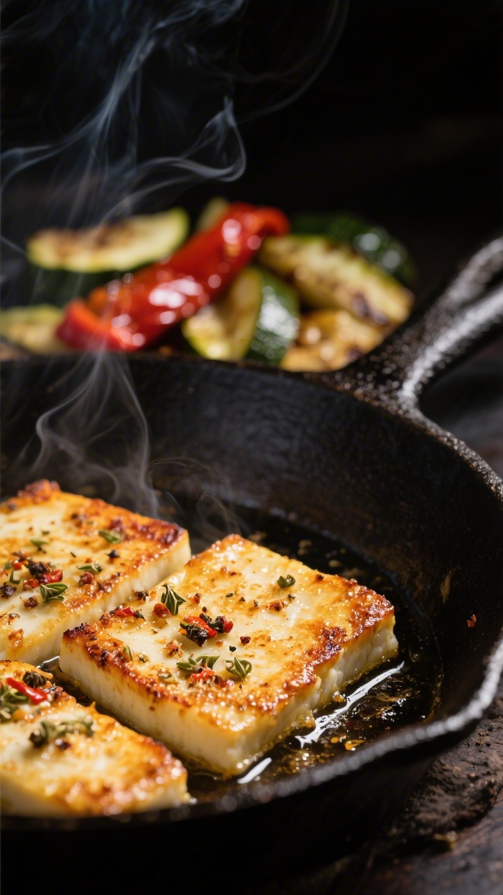 Close-up detail of golden-brown Halloumi slices sizzling in a cast-iron skillet, edges deeply carame