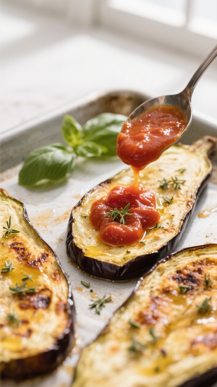 Close-up detail of golden-roasted aubergine slices just out of the oven, lightly blistered edges and