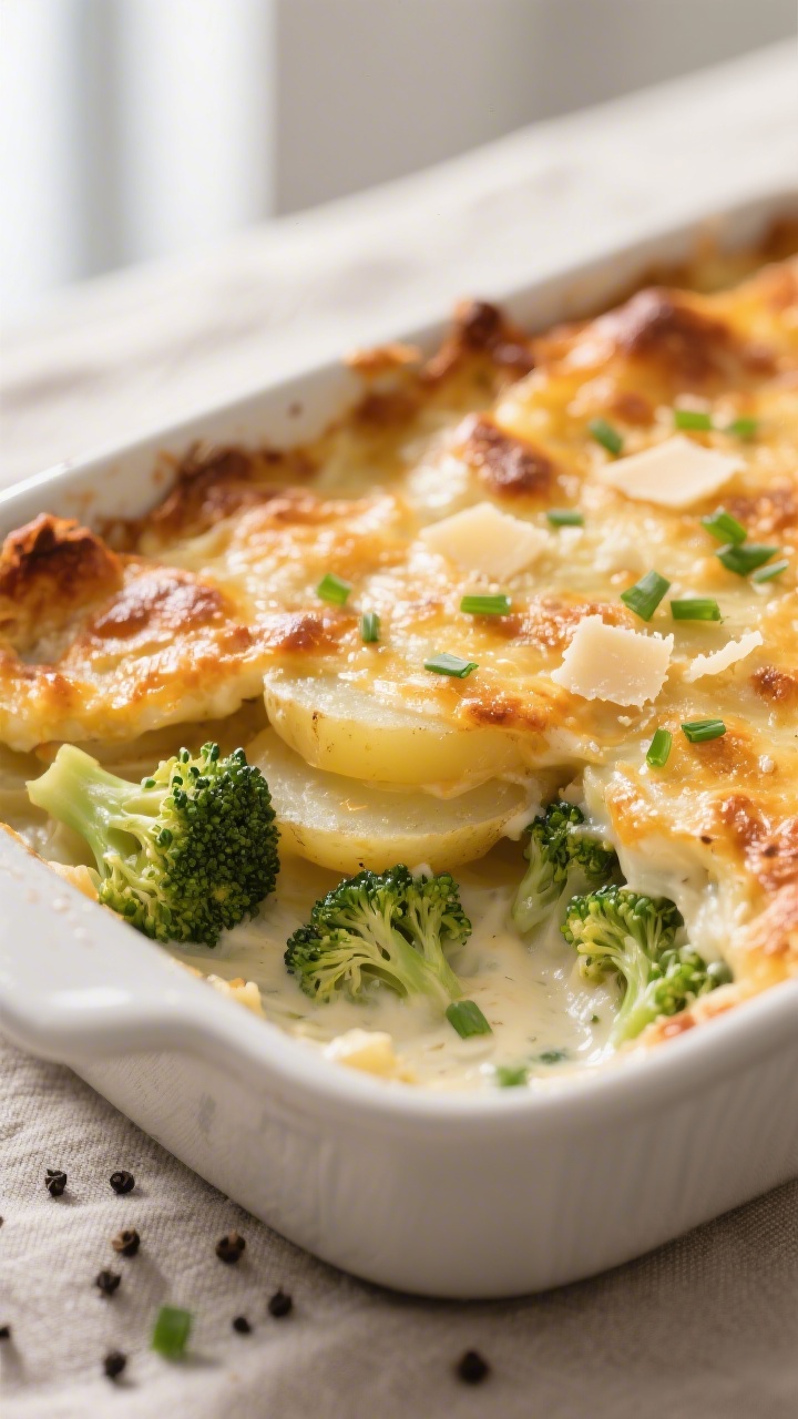 Close-up detail of the baked Kartoffel-Brokkoli-Auflauf just out of the oven: bubbling, golden-brown