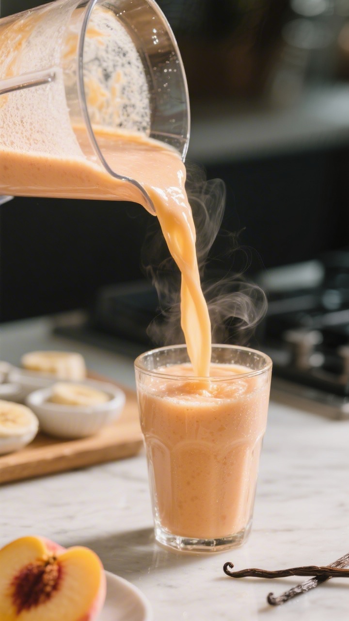 Close-up detail of the pouring moment: thick, velvety Pfirsich-Bananen-Smoothie cascading from a ble