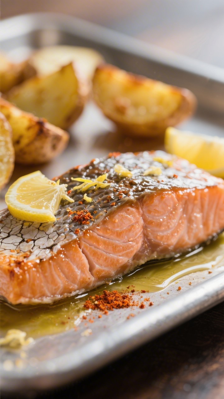 Close-up detail of the salmon portion on the tray mid-process: lacquered surface from olive oil–ga