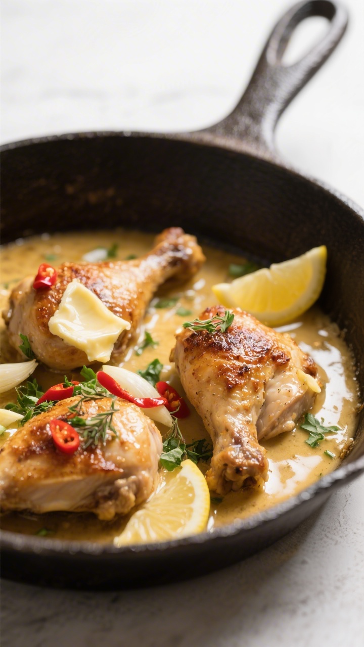 Close-up detail: Saftig angebratene Hähnchenstücke in einer schimmernden Knoblauch-Butter-Soße in