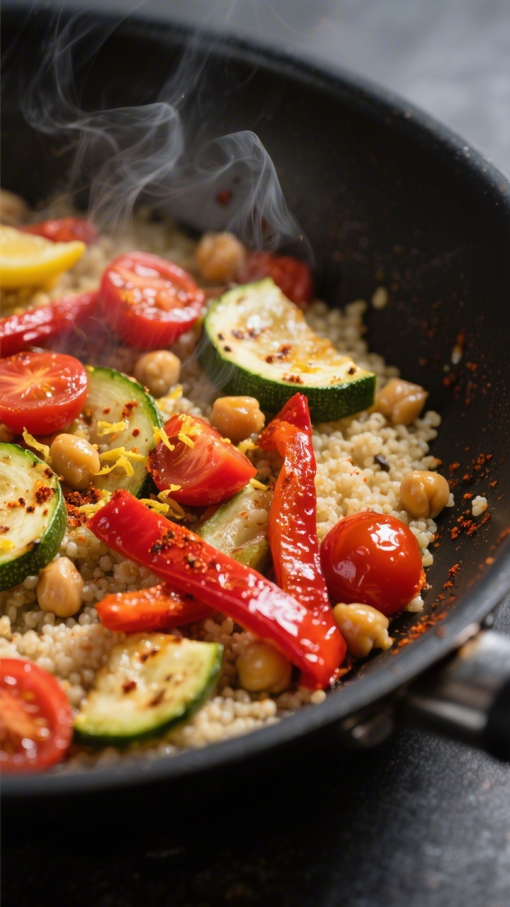 Close-up detail: Sizzling Couscous-Gemüse-Pfanne in the skillet mid-cook, showing sautéed red papr