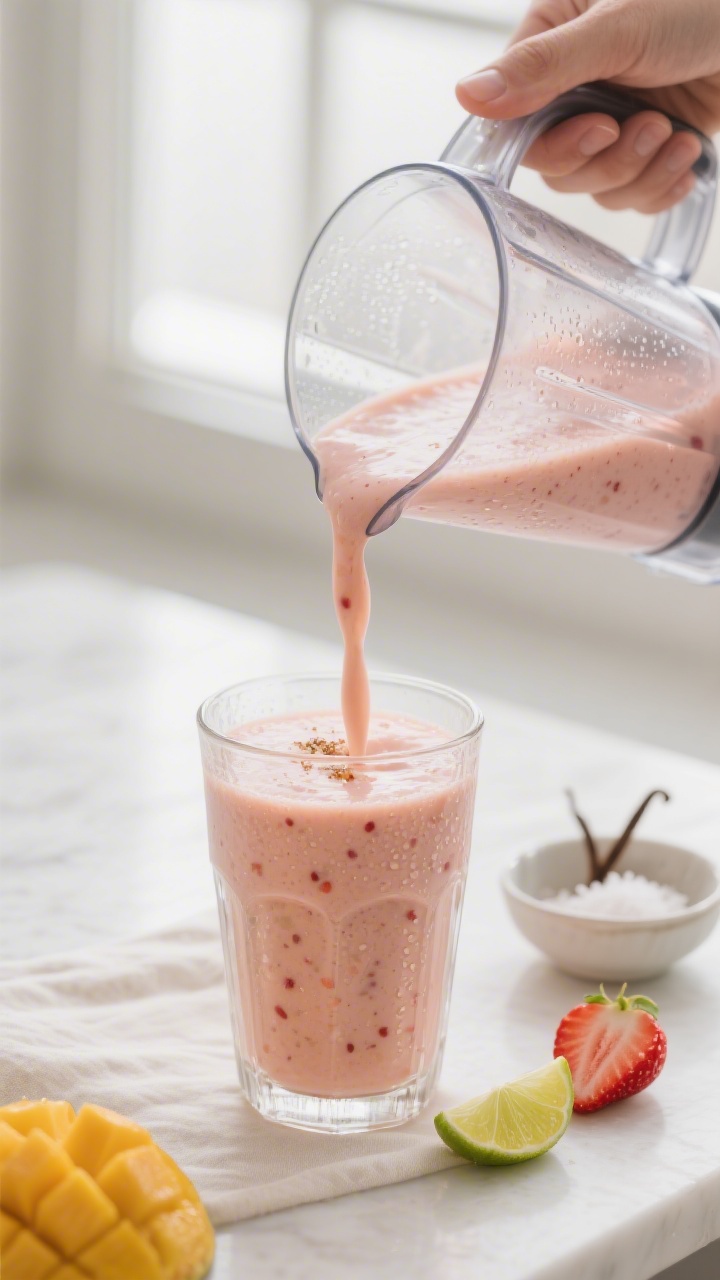 Close-up detail: Thick, creamy Erdbeer-Mango-Smoothie being poured from a glass blender into a chill