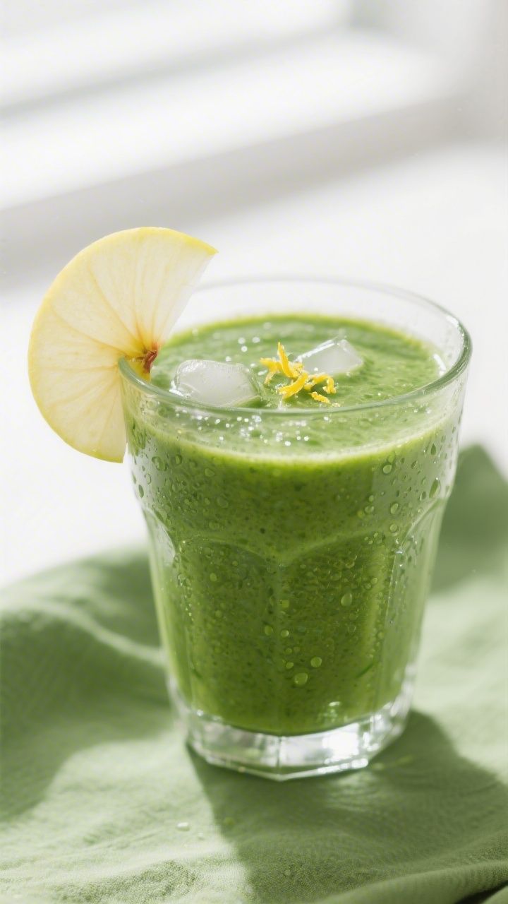 Close-up detail: Vibrant green Spinat-Apfel-Smoothie just poured into a chilled clear glass, silky-c