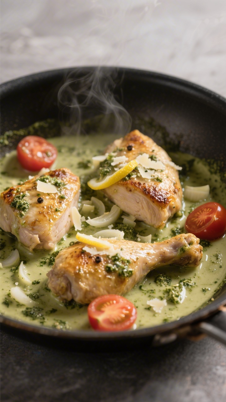 Close-up-Detail: Zart angebratene Hähnchenstücke in cremiger Pesto-Parmesan-Sauce direkt in der Pf