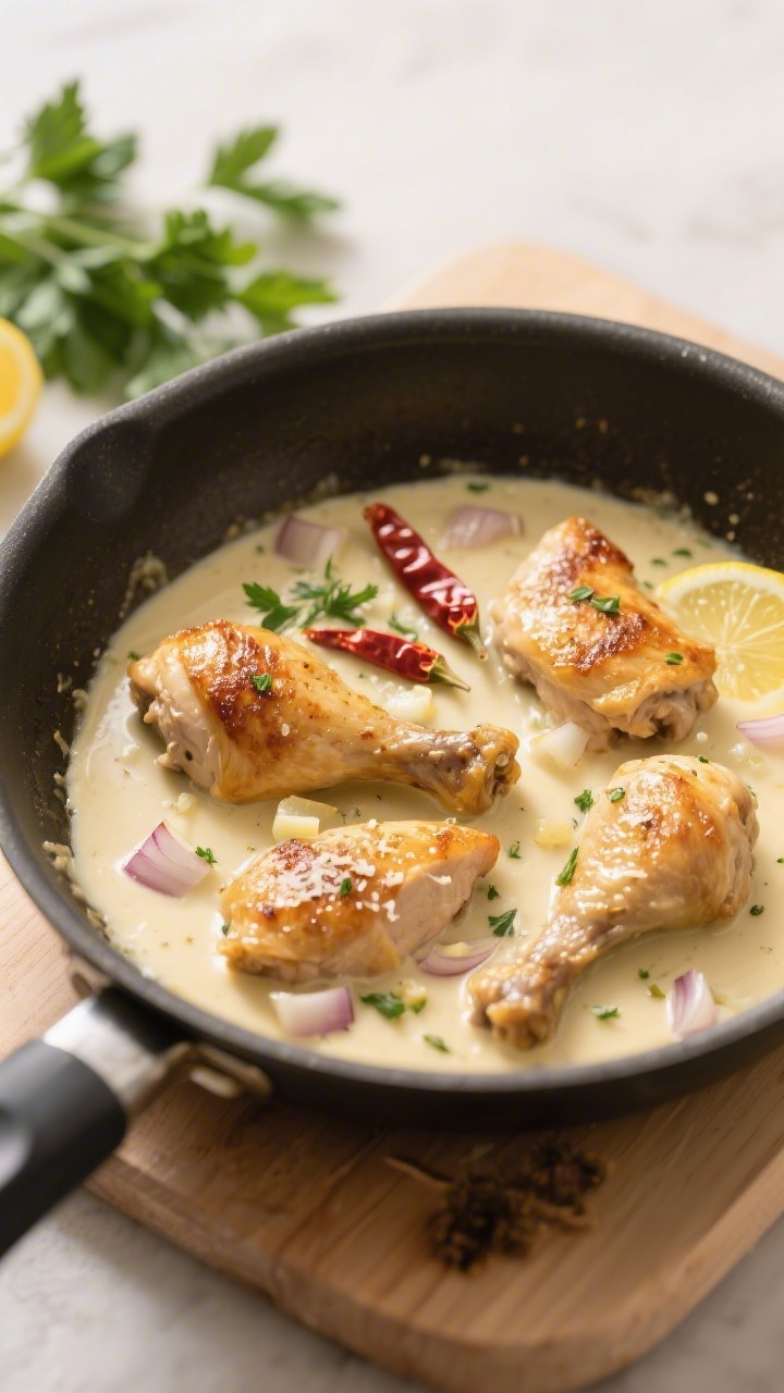 Close-up in der Pfanne: Zarte, goldbraun angebratene Hähnchenstücke werden in einer cremigen Parme