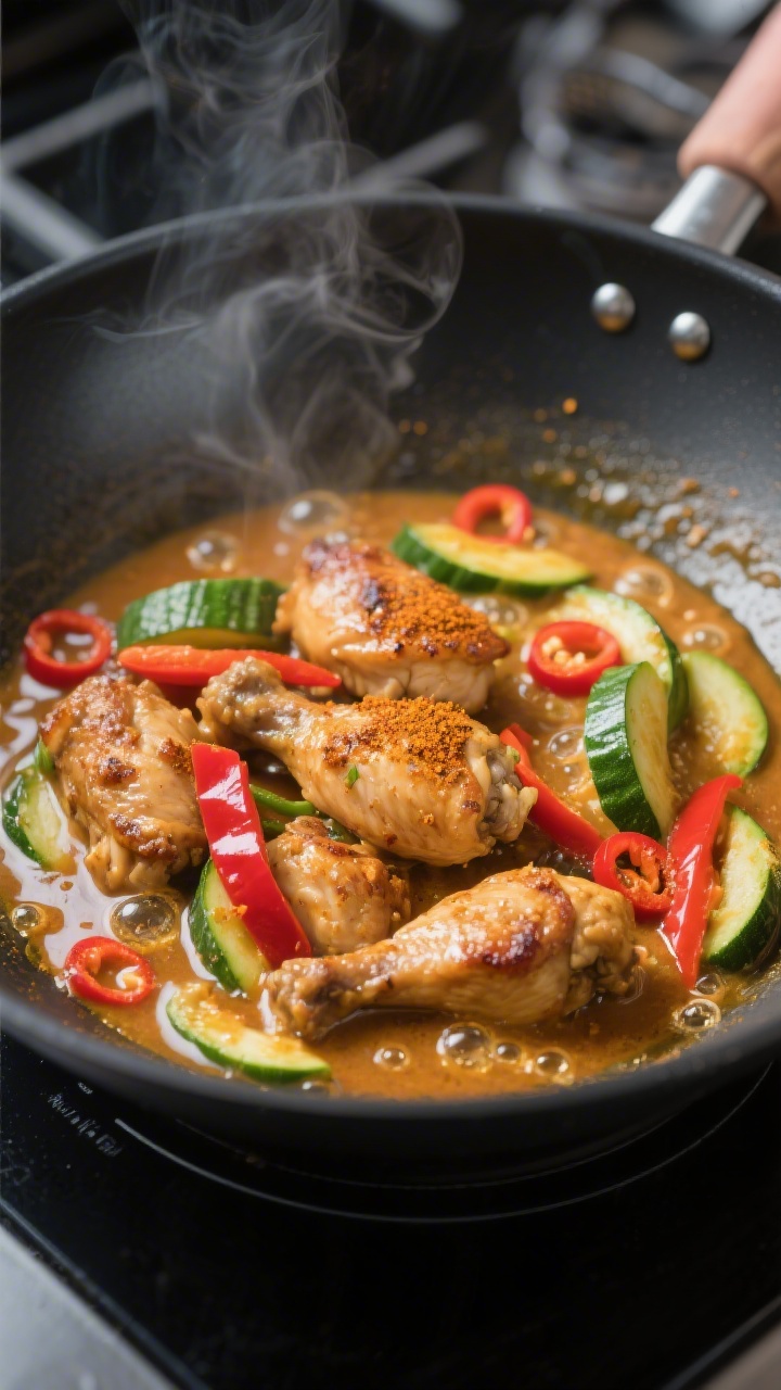 Cooking process, close-up detail: Sizzling Hähnchen-Kokos-Curry in a shallow black wok, close-up of