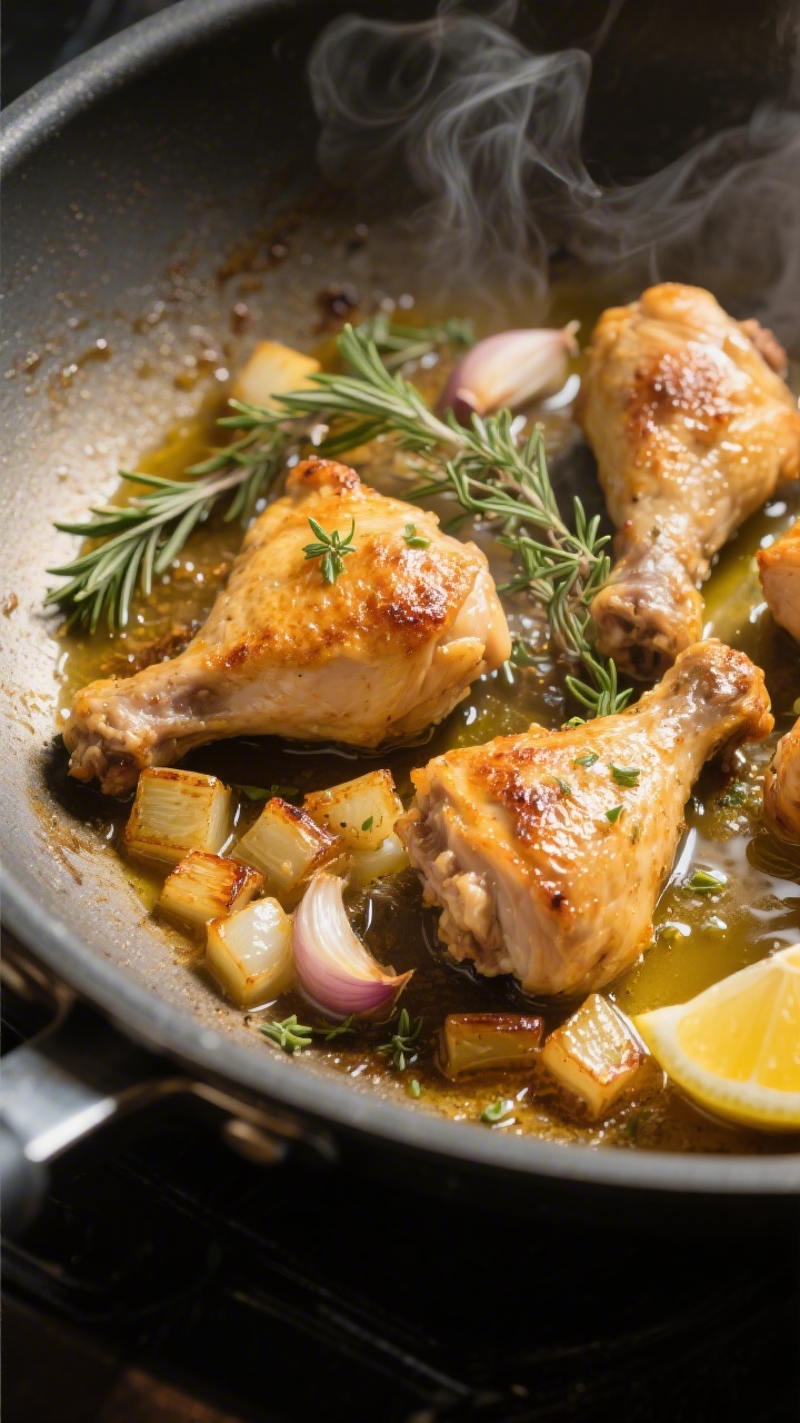 Cooking process close-up: Golden-brown Hähnchenstücke in einer großen, schweren Pfanne, gerade in