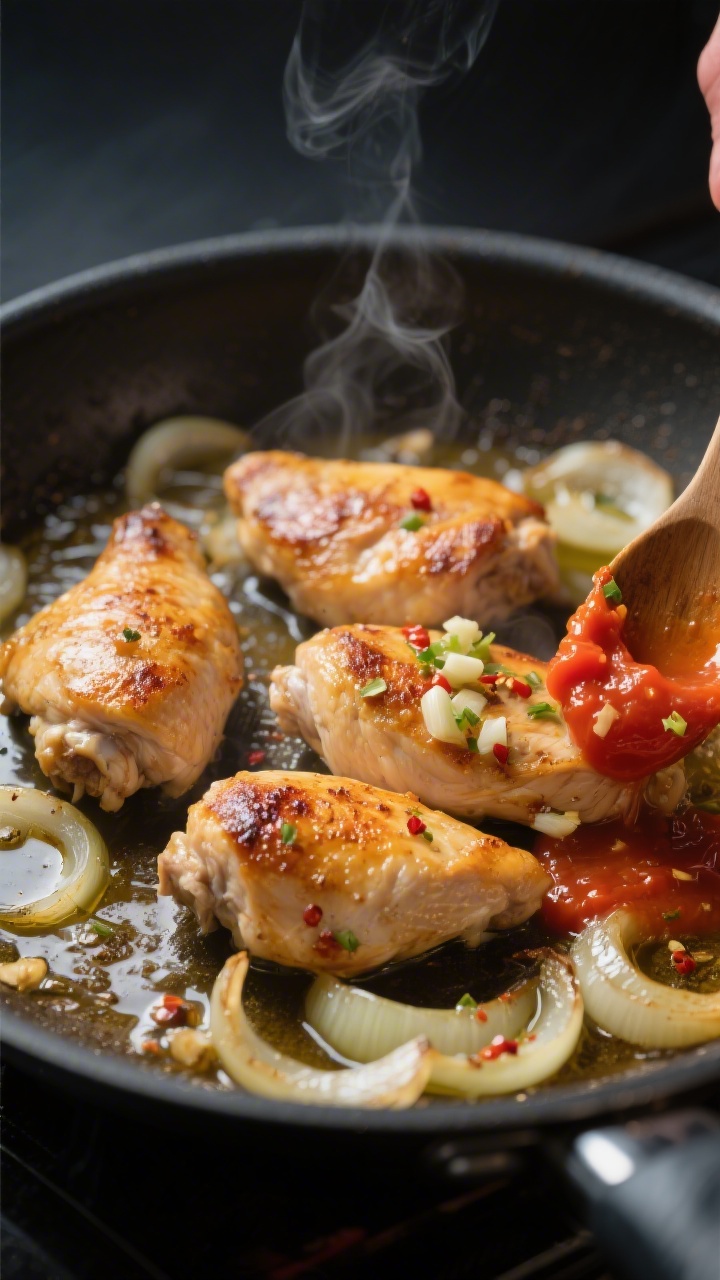 Cooking process close-up: Golden-browned Hähnchenbruststücke sizzling in a wide skillet with gloss