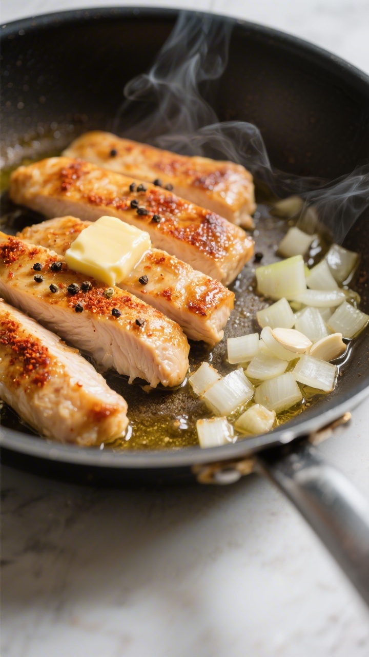 Cooking process close-up: Golden-browned Hähnchenbruststreifen sizzling in a wide skillet, fond on 