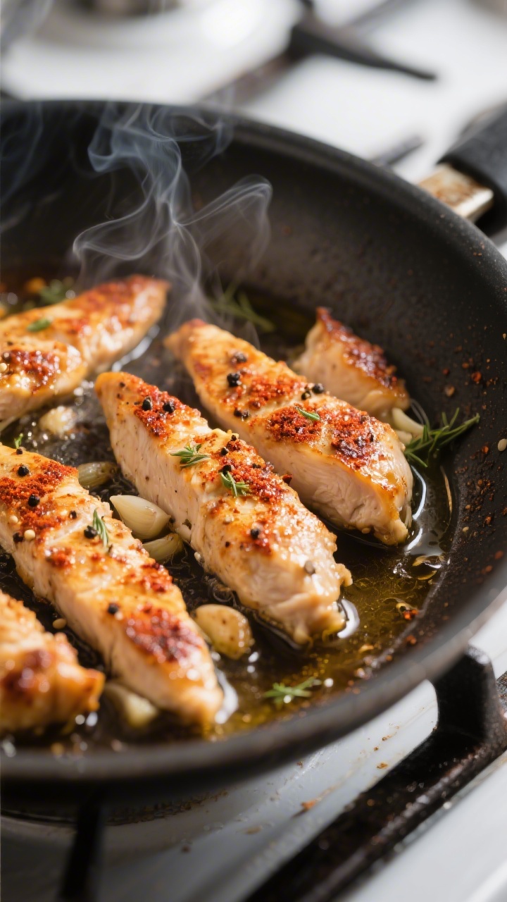 Cooking process close-up: Juicy, golden-brown chicken strips sizzling in a skillet, seasoned with pa