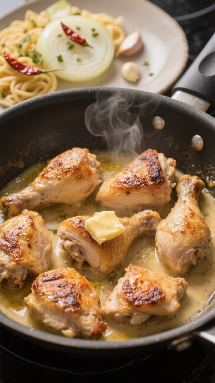 Cooking process, close-up: Saftig angebratene Hähnchenstücke in einer großen Pfanne, goldbraune R